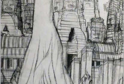 André Maire - Vue du temple de Bayon à Angkor Thom (crayon sur papier)