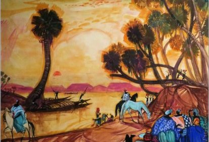 André Maire - Bord du Niger (Niamey) Soleil couchant (gouache sur papier) (…)
