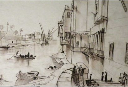 André Maire - Le vieux Caire, Bord du Nil (crayon graphite sur papier) 1938